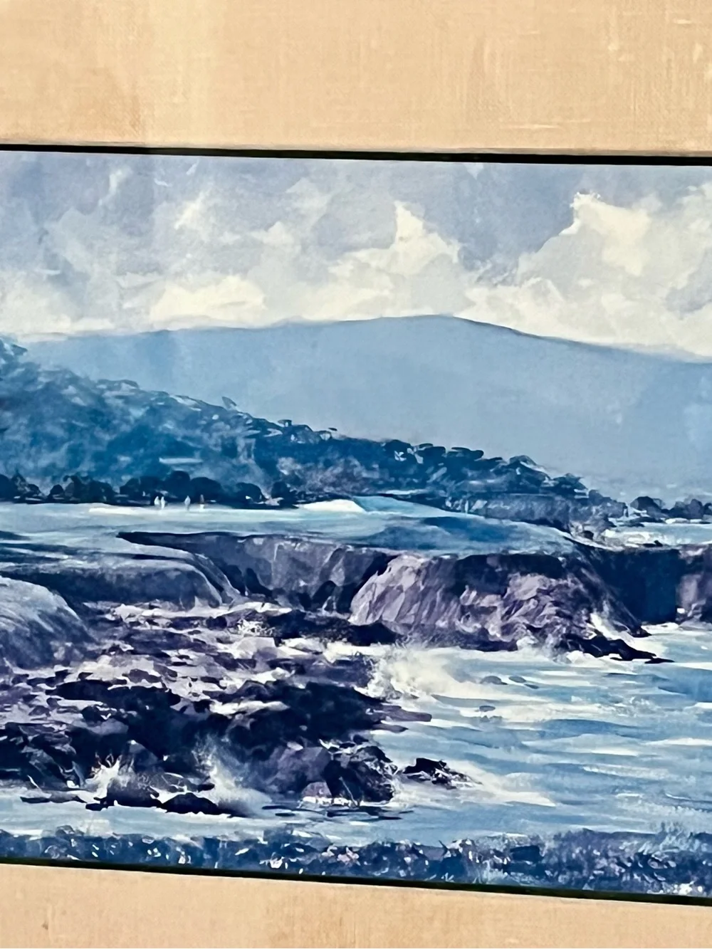 Framed Costal Landscape Print Pebble Beach California In Wood Frame 15/20 Inches